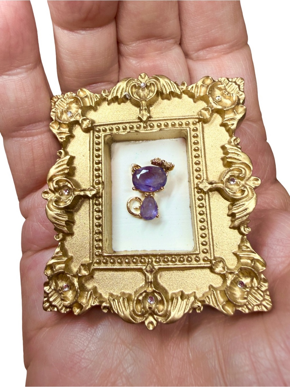 Tiny Jeweled Kitty Magnet in Ornate Gold Frame for Fridge + Easel for Shelf